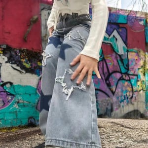 Star Patch Baggy Jeans, Y2K Wide-Leg Denim for Women, Trendy Distressed Streetwear Pants, Perfect Gift for Fashion Lovers