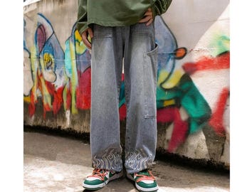 Flambroderade baggy jeans | Y2K hiphop-jeans | Vida streetwear-jeans | Retro skater-denim