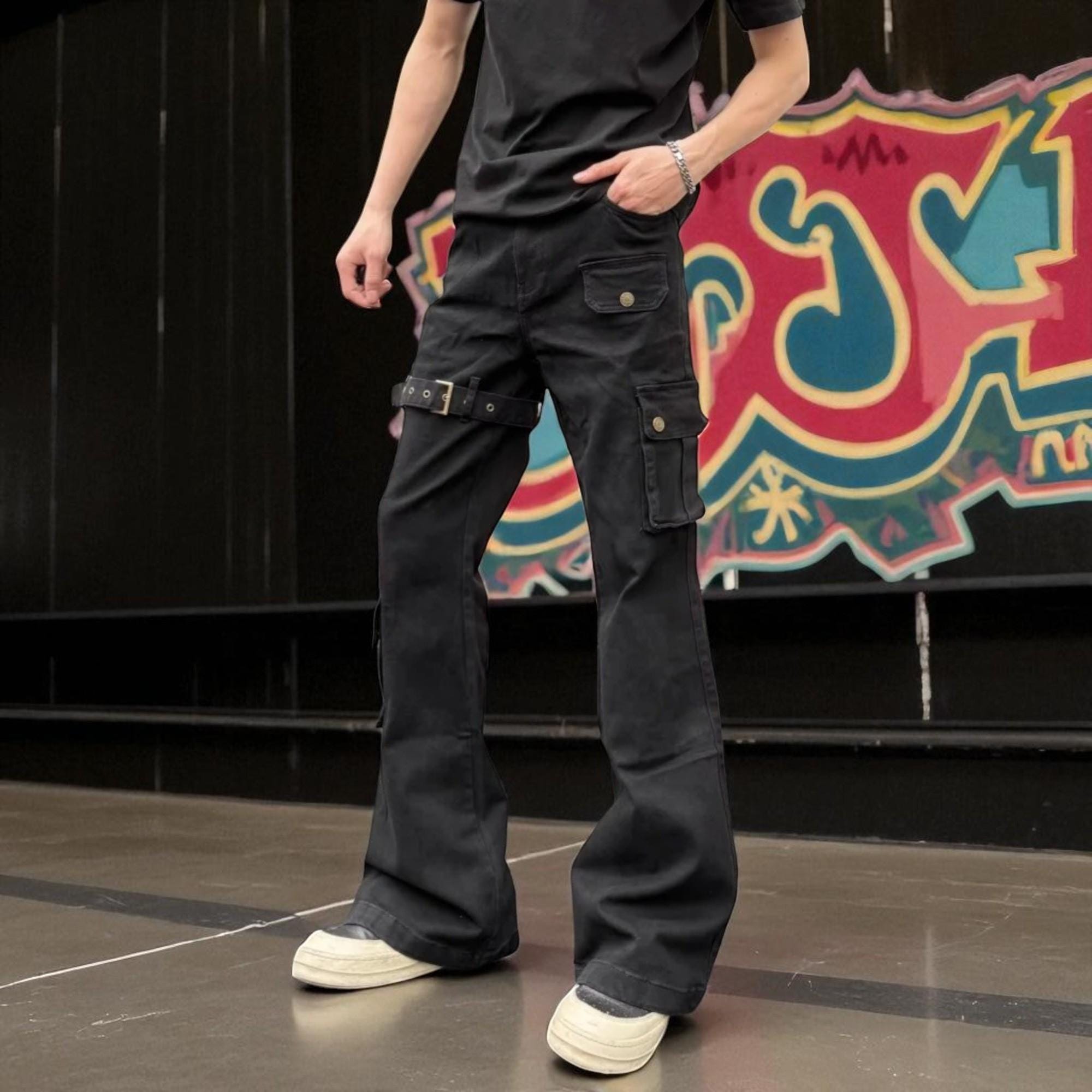 パンツ y2k black denim flare buggypants archive Y2k Streetwear Black Wide Leg Flare Jeans Splashed Ink