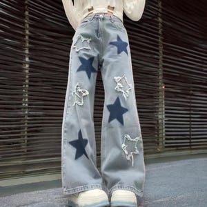 Star Patch Baggy Jeans, Y2K Wide-Leg Denim for Women, Trendy Distressed Streetwear Pants, Perfect Gift for Fashion Lovers
