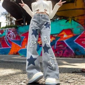 Star Patch Baggy Jeans, Y2K Wide-Leg Denim for Women, Trendy Distressed Streetwear Pants, Perfect Gift for Fashion Lovers