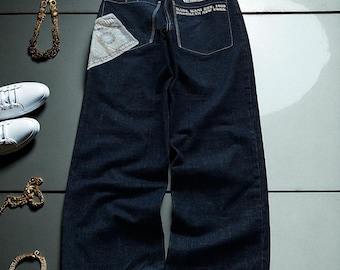 Y2K Money Print Jeans – Harajuku Baggy Streetwear-byxor, högmidjade och vida benbyxor, hiphop-svart denim för män och kvinnor