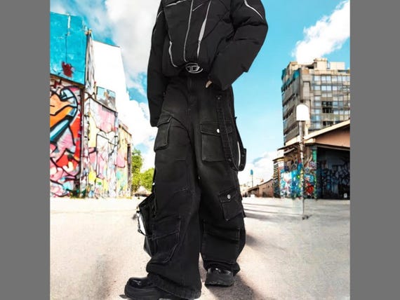 Black Baggy Cargo Pants, Y2k Loose Distressed Denim Jeans, Pant