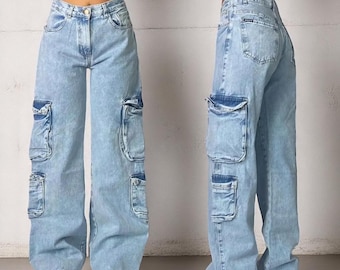 Pantalones vaqueros holgados estilo gótico Y2K para mujer: pantalones vaqueros de pierna ancha y talle alto, estilo streetwear lavado con estampado de letras, corte moderno estilo Harajuku Hip Hop.