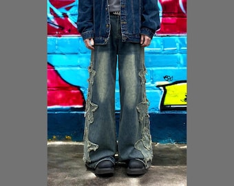 Distressed Star Embroidered Jeans, Baggy Wide Leg Pants, Streetwear Pants for Men Women, Y2k Hip Hop Fashion, Trendy Fashion Gift