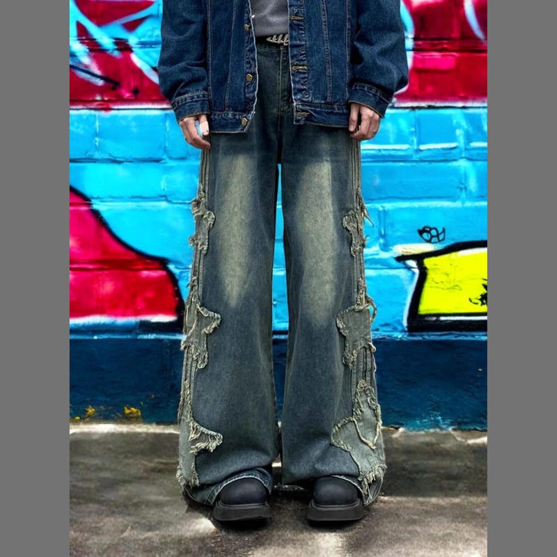 High Waist Retro Stars Side Embroidered Jeans Pants main image 1