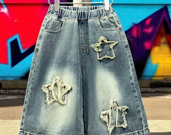 Y2K Star Denim Shorts – High Waisted Wide Leg Vintage Jeans for Women, Blue Summer Streetwear, M to 3XL Casual Trendy Jean Shorts Aesthetic