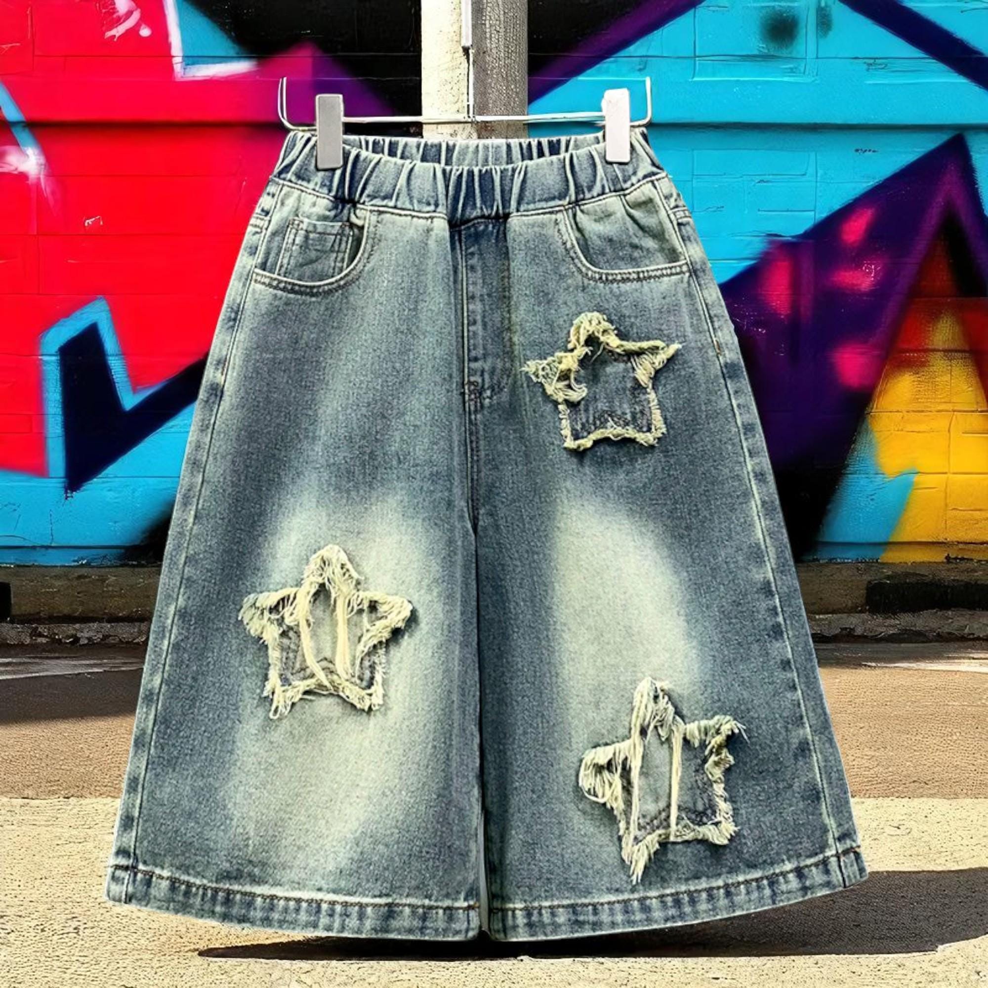 Y2K Star Denim Shorts – High Waisted Wide Leg Vintage Jeans for