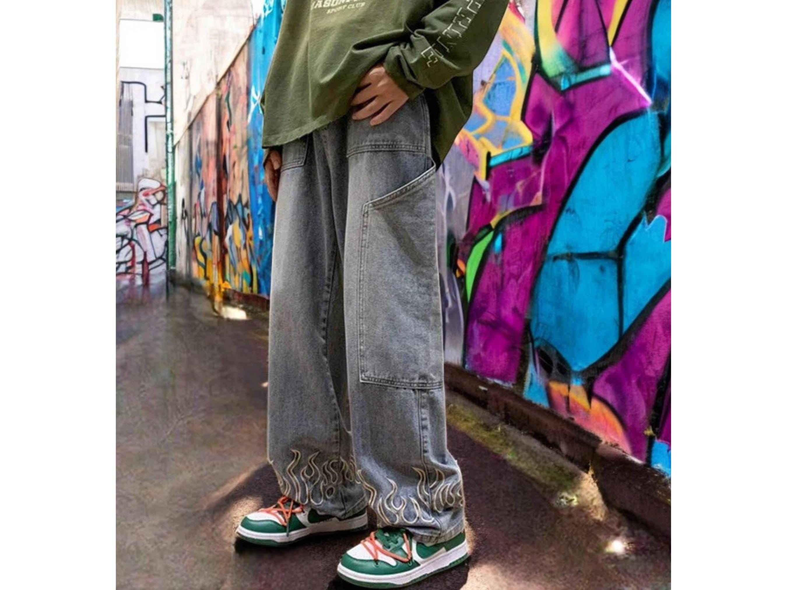 Flame Embroidered Baggy Jeans | Y2K Hip Hop Denim Pants | Wide Leg