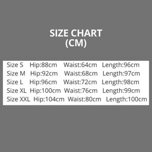 May include: Size chart in centimeters for clothing. The chart lists sizes S through XXL with corresponding hip, waist, and length measurements.