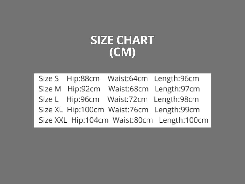 May include: Size chart in centimeters for clothing. The chart lists sizes S through XXL with corresponding hip, waist, and length measurements.