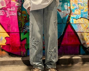 Star Patch Denim Jeans, Y2k Embroidered Jeans Men Women, Casual Hip Hop Streetwear, Gift for Fashion Lovers