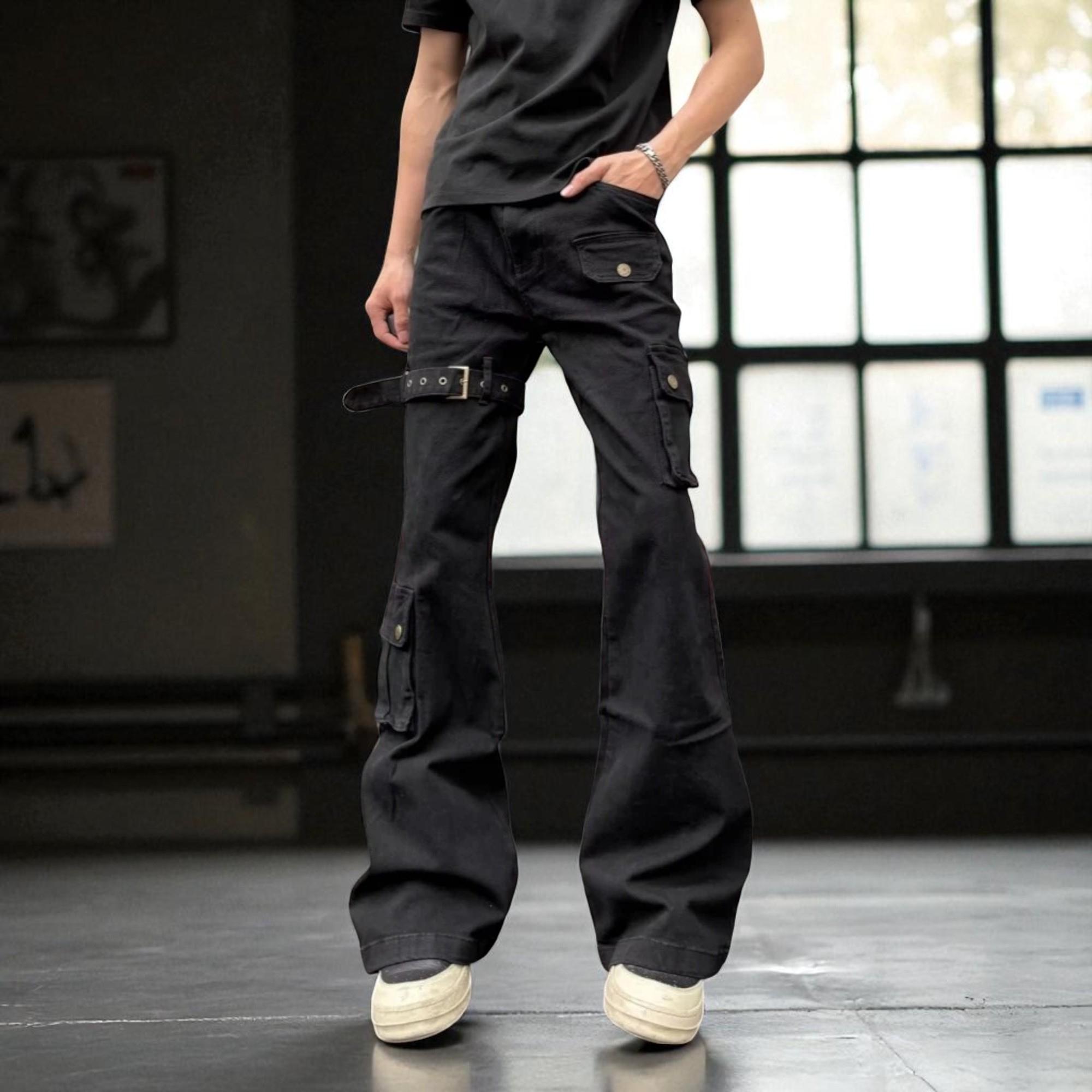 2025 Y2K Flare Cargo Jeans – Black Slim Fit Streetwear Pants