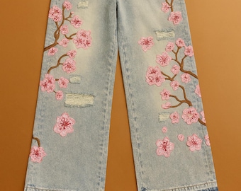 Baggy Jeans with Cherry Blossom Embroidery | Unisex Harajuku Y2K Streetwear | Gothic Fashion Wide-Leg Japanese Style Pants | Casual Wear