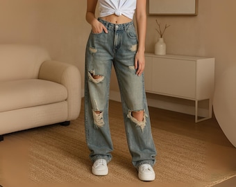Calça jeans vintage Y2K de perna larga | Calça jeans folgada de cintura alta | Calça jeans streetwear rasgada | Estilo skatista e hip hop dos anos 90