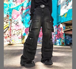 Jeans Filles Baggy Noir Brodé Étoiles - Coupe Large, Taille Haute Élastique - Style Y2K Hip Hop - Pantalon Cargo Décontracté