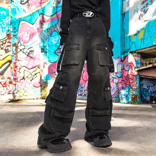 Black Baggy Cargo Pants, Y2k Loose Distressed Denim Jeans, Pant