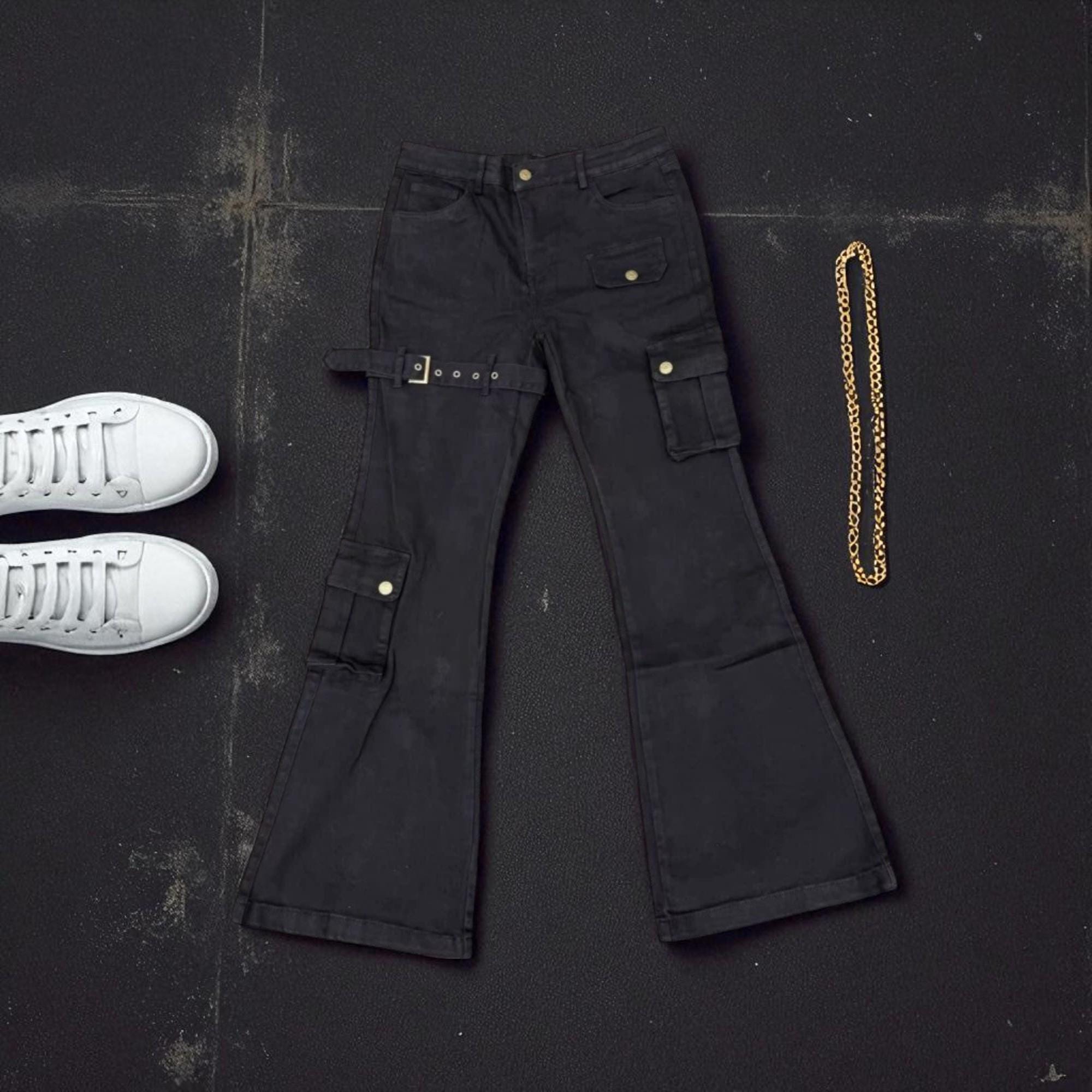 2025 Y2K Flare Cargo Jeans – Black Slim Fit Streetwear Pants