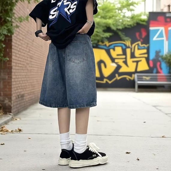 Y2K Baggy Jean Shorts With Belt – Vintage Wide Leg Denim