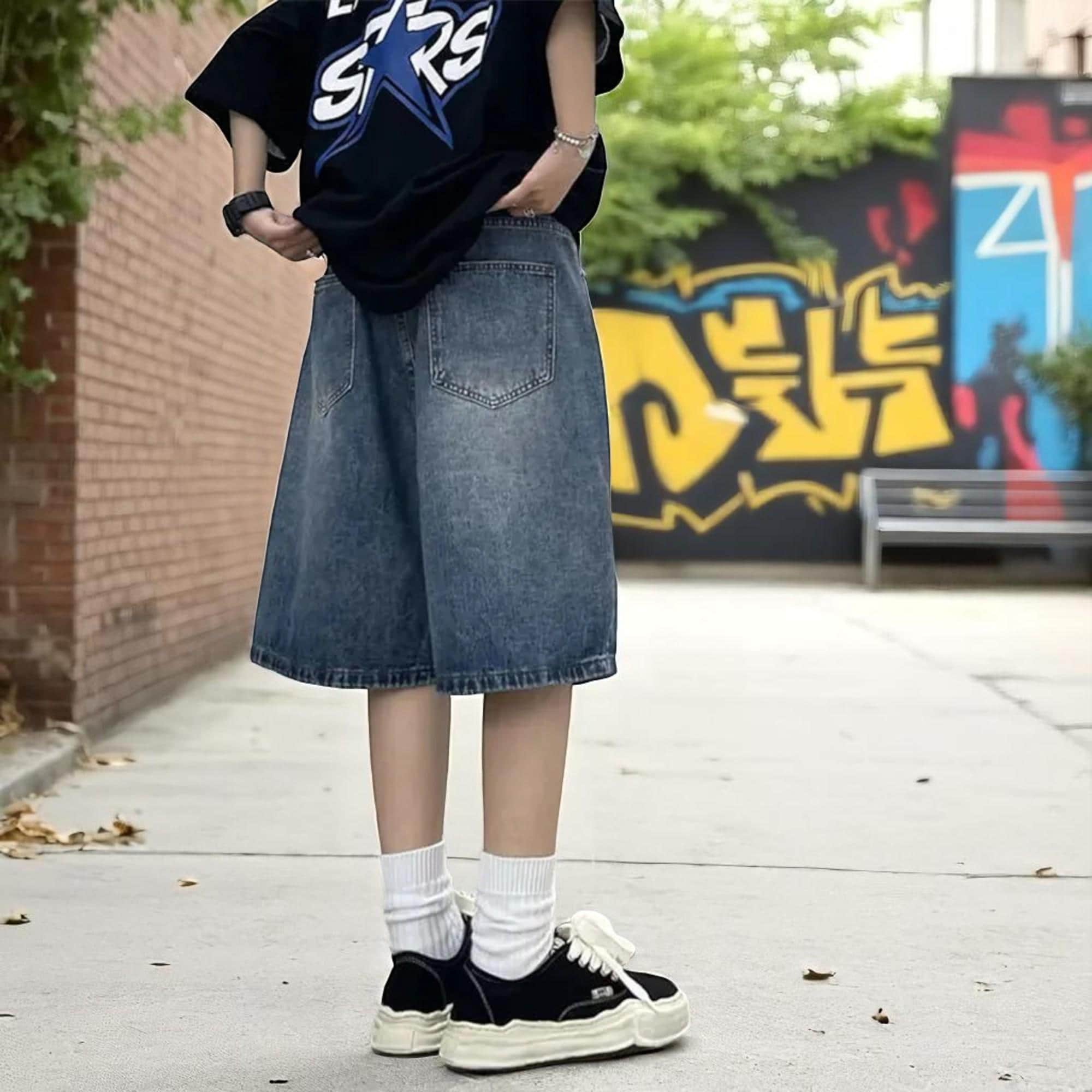 Y2K 00sINTERSTATE デニムハーフパンツバギー ワイド jorts Y2Kバギーデニムショーツ（ベルト付き） – ヴィンテージワイドレッグ