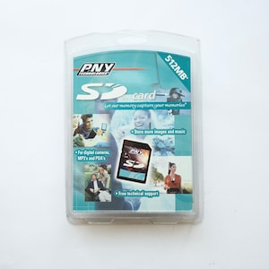 Tarjeta de memoria SD de 512 MB de PNY Technologies vintage de 2000 para cámaras digitales antiguas