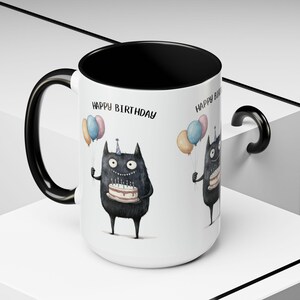 Happy Birthday Mug, Scary Monster Cup, Minimalist Cartoon, HBD Gift, Novelty Present, Funny Cup, 11oz, 15oz, Ceramic Mug, Cute Coffee Mug