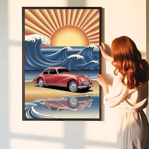 Classic Car Beach Scene Art – Summer Vibes with Retro Auto Wall Art for Home, Garage, or Office – Framed Vintage Automotive Decor