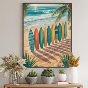 Surfboard Beach Wall Art – Coastal Summer Decor, Surf Poster Print, Tropical Ocean Printable for Beach House Wall Decor