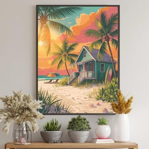 Tropical Sunset Beach House Printable – Coastal Wall Art, Ocean View Poster, Summer Beach Decor, Seaside Cottage Digital Print
