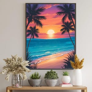 Tropical Sunset Wall Art – Summer Beach House Decor, Ocean Landscape Printable Poster, Coastal Evening Wall Print..