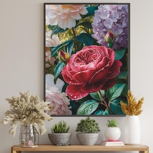 Large Vibrant Garden Flowers Oil Painting, Colorful Floral Living Room Decor, Botanical Wall Art Print, Bloom Artwork