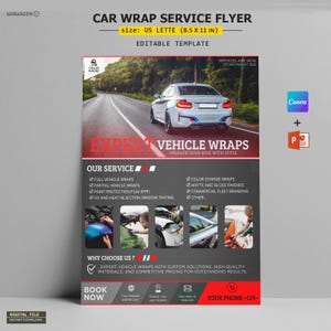May include: A flyer advertising car wrap services. The flyer features a red and white car on a road, with the text "Expert Vehicle Wraps" and "Upgrade Your Ride With Style". The flyer also lists services such as full vehicle wraps, partial vehicle wraps, paint protection film, and UV and heat rejection window tinting.
