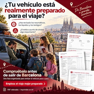Può includere: Una lista di controllo di viaggio digitale per veicoli con testo in spagnolo, che include sezioni per le ispezioni pre-viaggio, l'attrezzatura di emergenza e i livelli dei liquidi, su uno sfondo di una famiglia che prepara un viaggio.