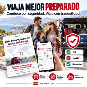 May include: A digital and printable travel checklist document titled Lista de comprobación Antes de tu viaje, featuring a red car on a road, a smartphone displaying a vehicle maintenance list, and icons for safety checks, all branded by WANWAGEN.