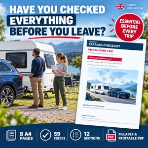 May include: A digital and printable A4 caravan checklist document featuring the text 'HAVE YOU CHECKED EVERYTHING BEFORE YOU LEAVE?' and 'CARAVAN CHECKLIST'. The document includes 8 pages, 59 checks, 12 sections, and is a fillable PDF.