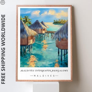 Maldives Overwater Bungalows Wall Art, Tropical Paradise Poster, Hand-Painted Serene Beach Decor, Island Travel Print