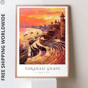 Varanasi Ghats Wall Art, Ganges River Sunset Poster, Hand-Painted India Spiritual Print, Vibrant Cityscape Decor