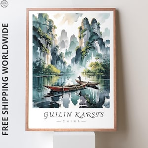 Guilin Karsts China Wall Art, Li River Landscape Poster, Hand-Painted Serene Nature Print, Asian Travel Decor
