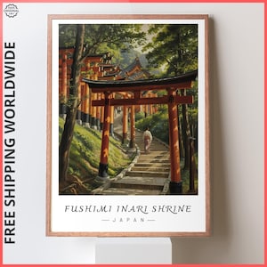 Fushimi Inari Shrine Wall Art, Kyoto Torii Gate Poster, Hand-Painted Japan Landmark Print, Cultural Home Decor