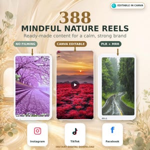 Könnte beinhalten: Eine digitale Produktwerbung mit dem Titel 388 MINDFUL NATURE REELS, die drei vertikale Videovorschauen mit violetten Kirschblüten, einem roten Blumenfeld bei Sonnenuntergang und einer regnerischen Waldstraße sowie Instagram-, TikTok- und Facebook-Icons zeigt.