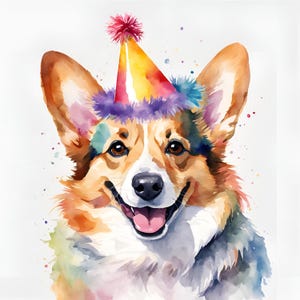 12 Corgi's met feestmuts digitale DOWNLOAD schattige hond verjaardag kunst aquarel patroon afdrukbare kunst commercieel gebruik Clip Art puppy plakboek