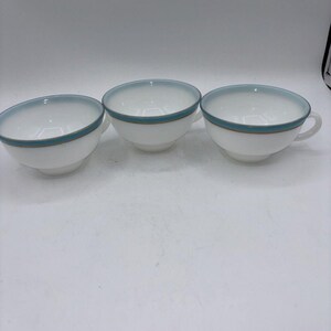 Vintage Pyrex Set Of 3 Turquoise & Gold Band On White Milk glass Coffee Cups