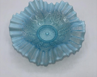 Northwood Netted Roses Blue Opalescent Ruffles Glass Bowl  Leaves AndFlowers