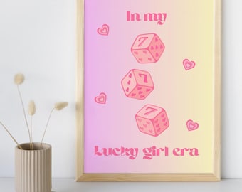 Arte mural de dados rosas: Impresión retro de la era de la chica afortunada (descarga digital A3)