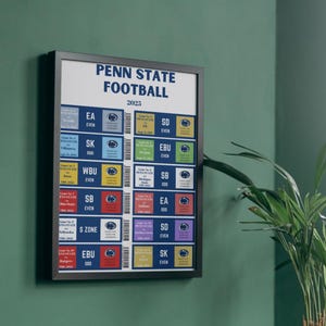 Póster del calendario de fútbol de Penn State 2025, arte mural con calendario de fútbol de PSU, impresión de la Universidad Penn State