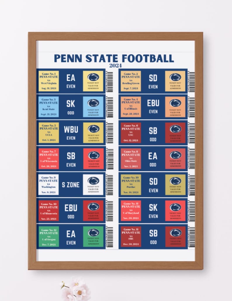 Penn State 2025 Football Schedule Poster, PSU Football Calendar Wall