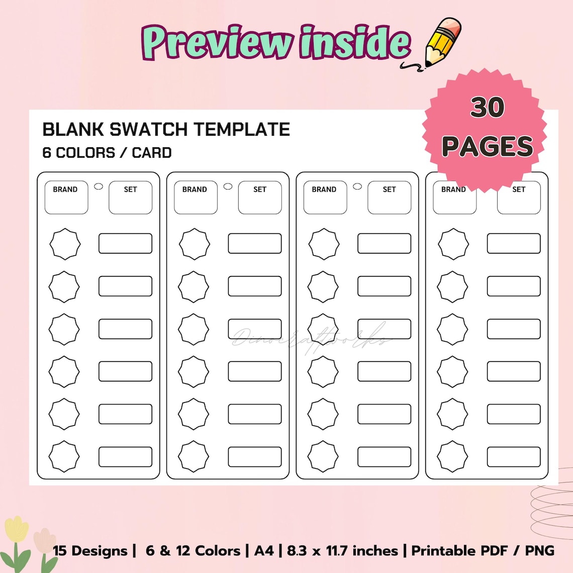 Printable Color Swatch Card Template: 6 & 12 Colors (digital Download ...
