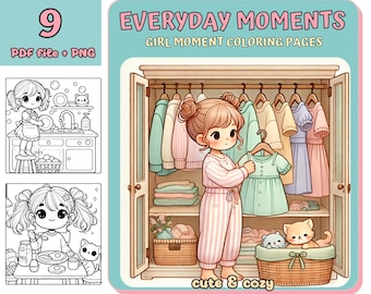 Kawaii Cozy Girl Coloring Book, 9 Printable Pages (PDF & PNG)