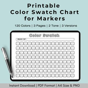 Puede incluir: Un gráfico de muestra de color imprimible para marcadores, con 120 colores, 3 páginas, 2 tonos y 3 versiones. El gráfico incluye una sección para la marca/conjunto y una cuadrícula de casillas para muestras de color. Un bolígrafo negro y plateado está a la izquierda.