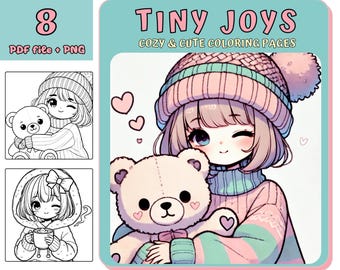 Kawaii Girl Coloring Book, Cozy Moments, 8 Pages (Digital Download)